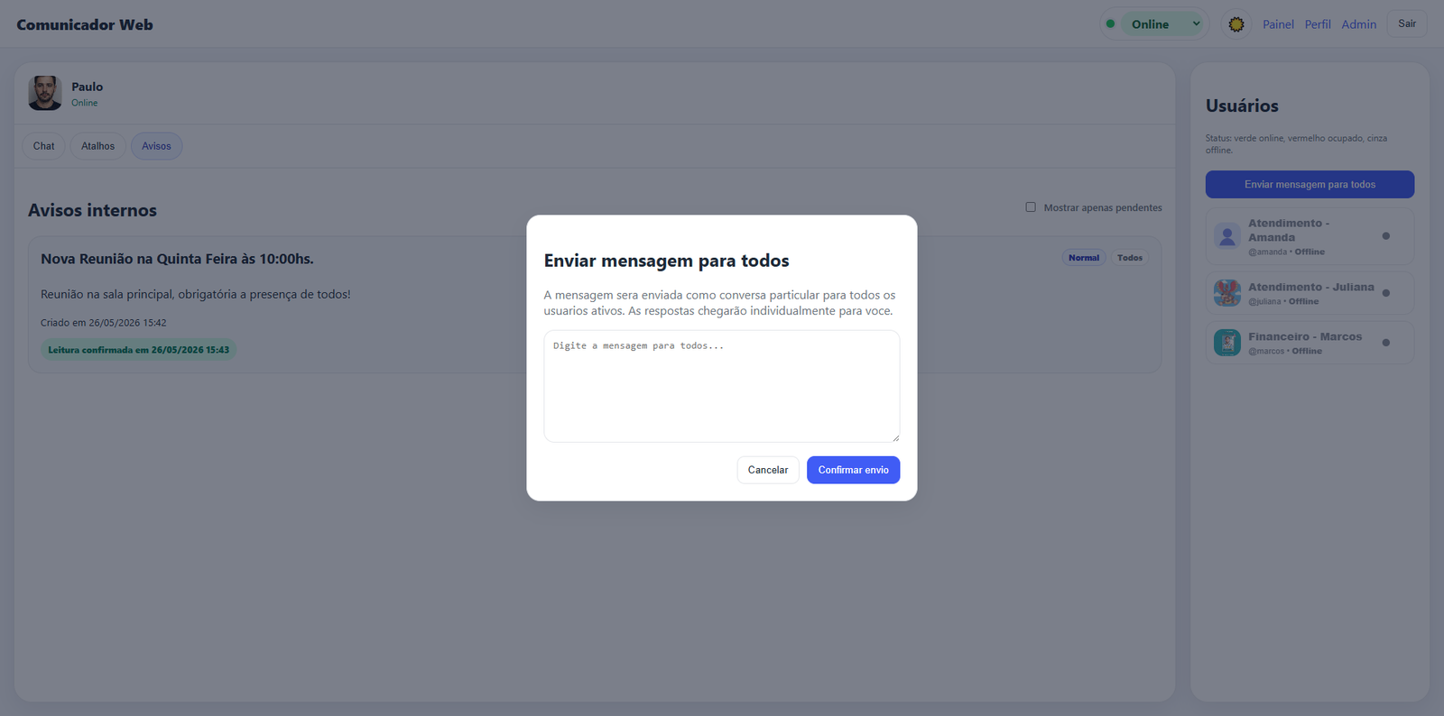 Tela clara do Comunicador Web mostrando painel de avisos e janela de envio de mensagem para todos