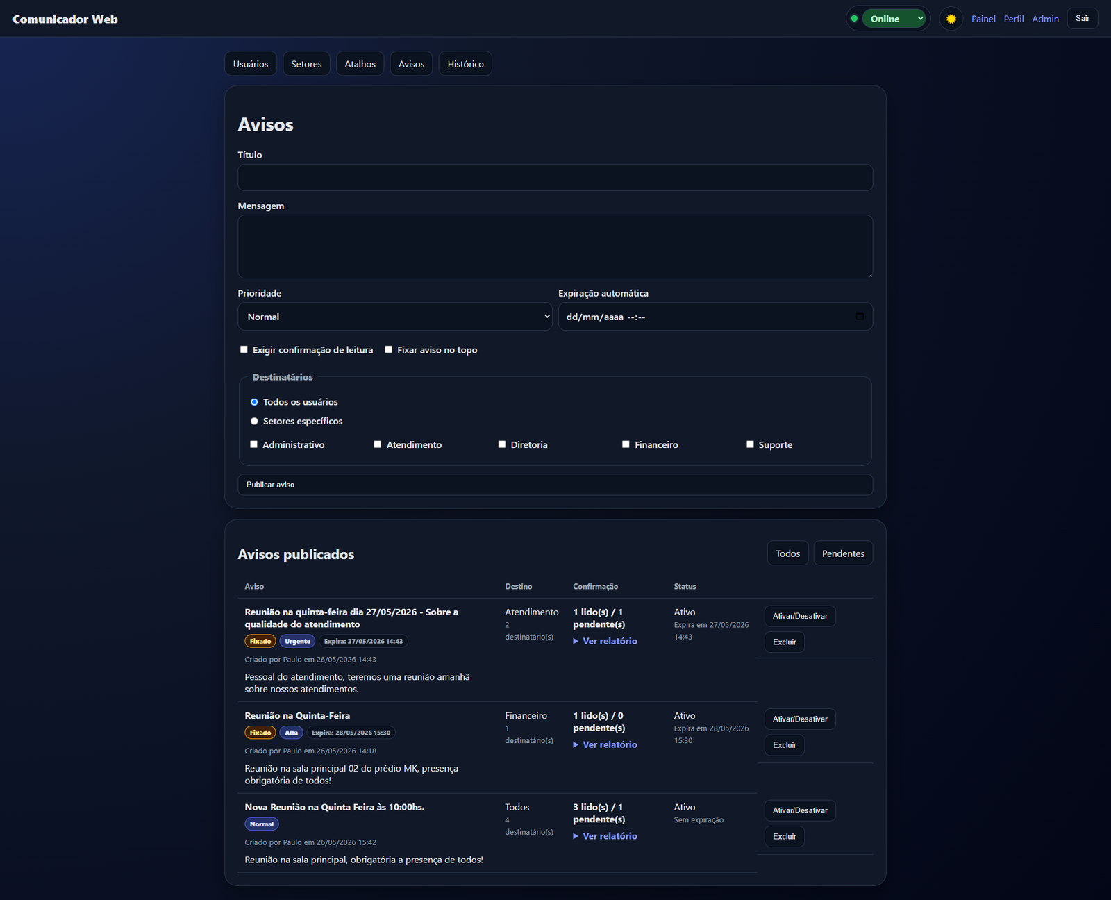 Painel administrativo de avisos do Comunicador Web em tema escuro